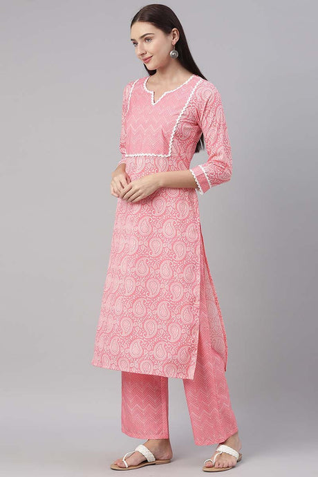 Pink Polyester Paisley Printed Straight Suit Set