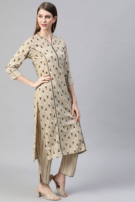 Beige Cotton Woven Design Kurta With Trousers