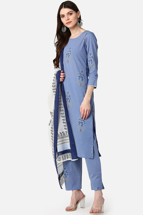 Cotton Blue Ethnic Motifs Printed Straight Kurta Palazzo Dupatta Set