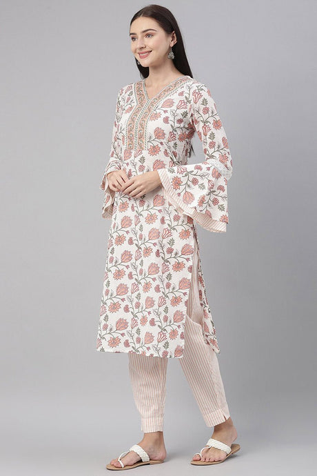 White Cotton Floral Printed Straight Suit Set