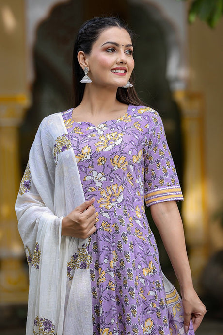 Purple Cotton Ethnic Motifs Printed Anarkali Suit Set