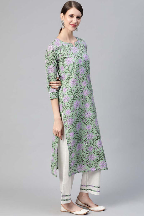 Cotton Green Ethnic Motifs Printed Straight Kurta Pant Dupatta Set