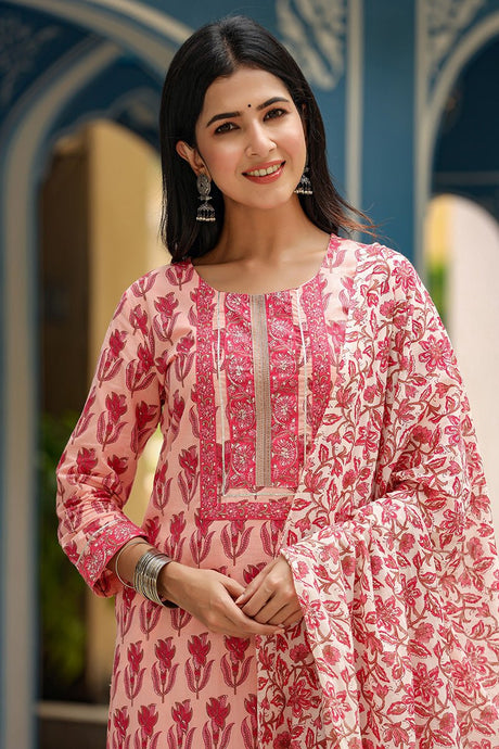 Pink Rayon Blend Floral Printed Straight Suit Set