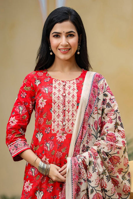 Red Rayon Blend Floral Printed Suit Set