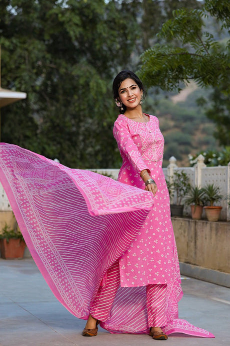 Pink Cotton Bandhani Print Suit Set