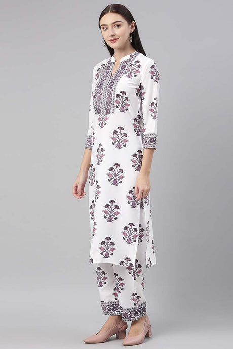 White Polyester Ethnic Motifs Straight Suit Set