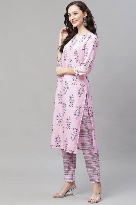 Pink Polyester Floral Print Straight Suit Set