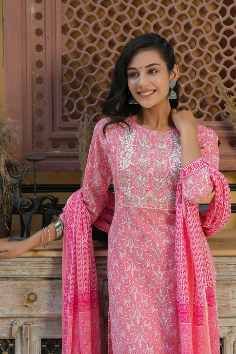 Pink Cotton Embroidered Work Straight Suit Set