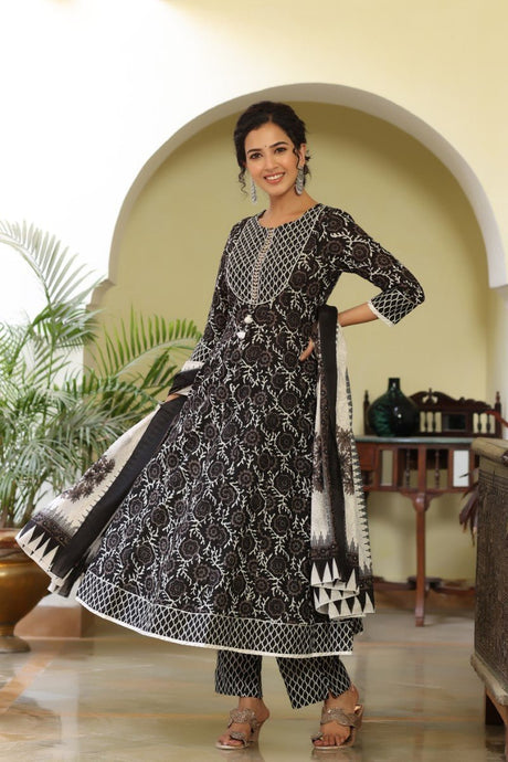 Black White Sequinned Kurta With Trousers And Dupatta