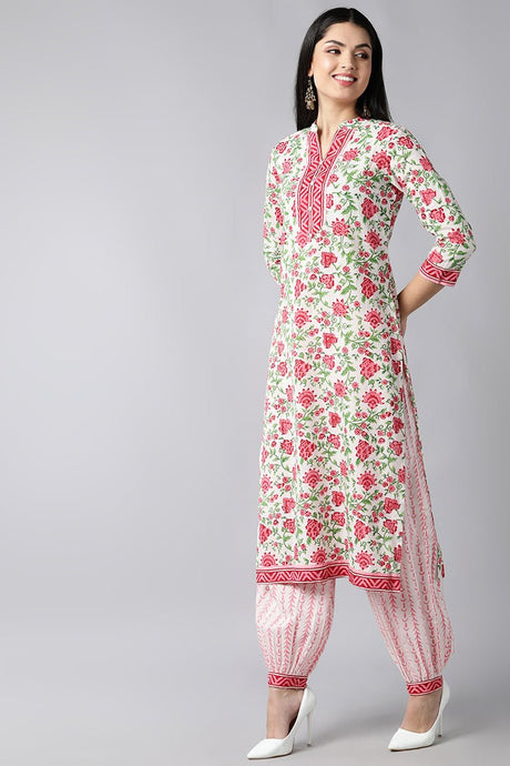 White Pink Printed Cotton Kurta With Salwar And Dupatta
