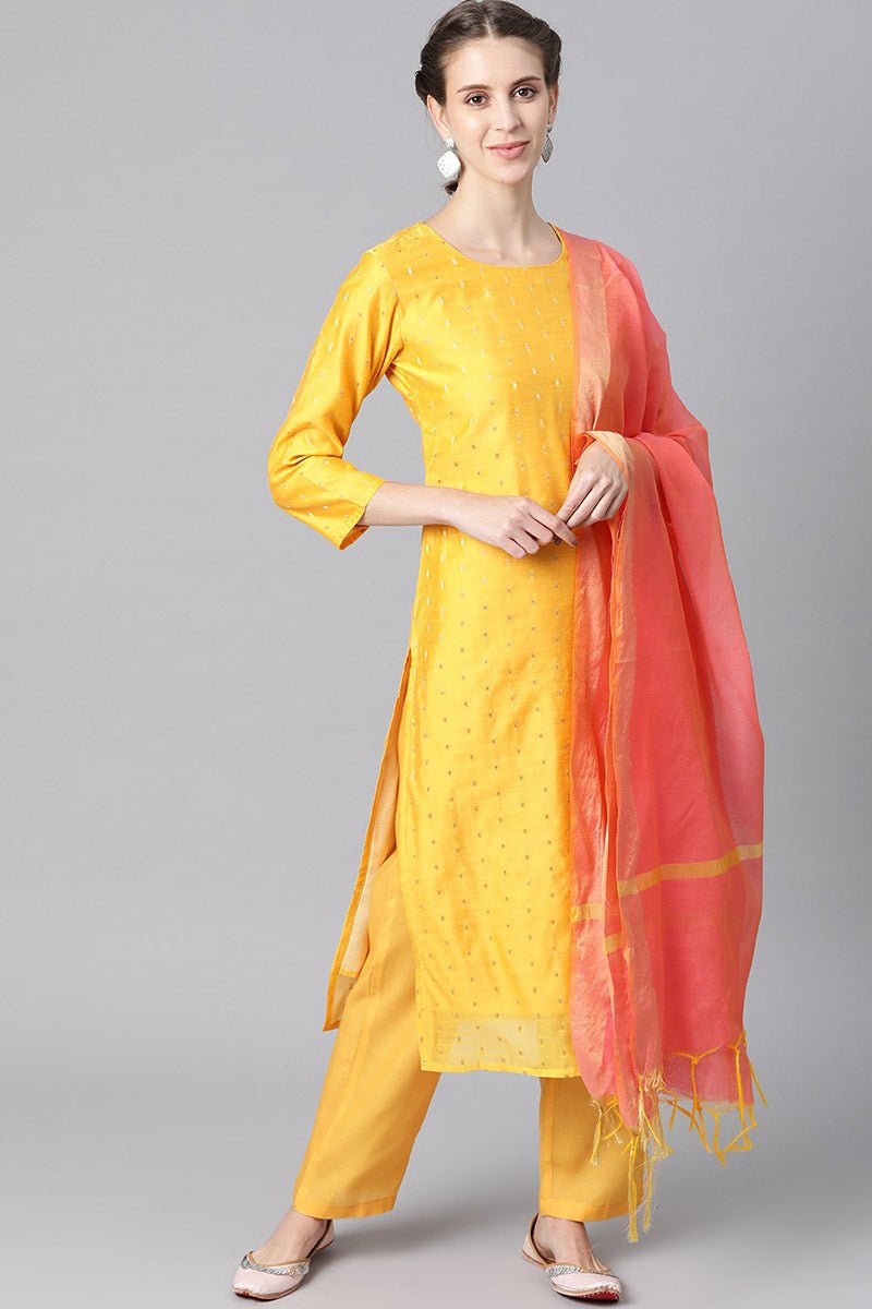 Yellow Polyester Golden Woven Design Straight Suit Set