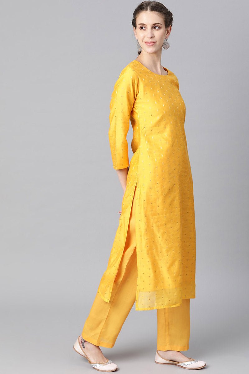 Yellow Polyester Golden Woven Design Straight Suit Set