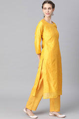 Yellow Polyester Golden Woven Design Straight Suit Set