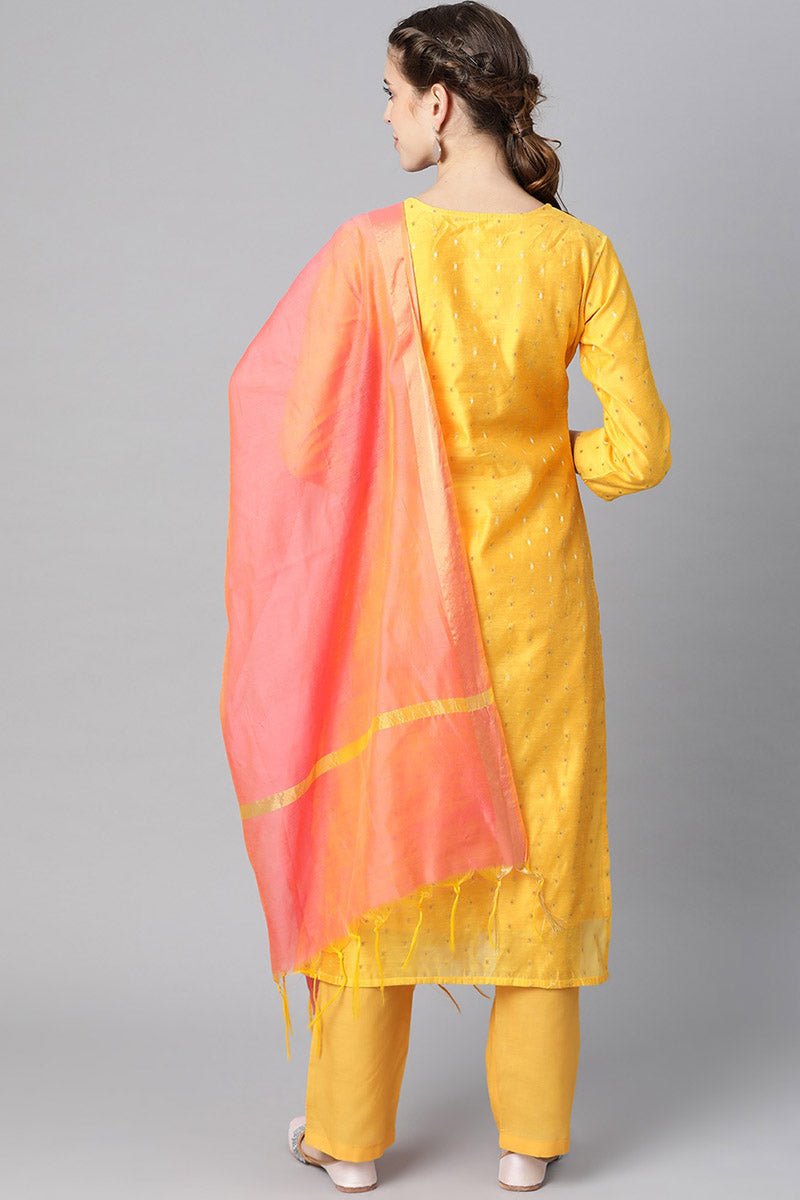 Yellow Polyester Golden Woven Design Straight Suit Set