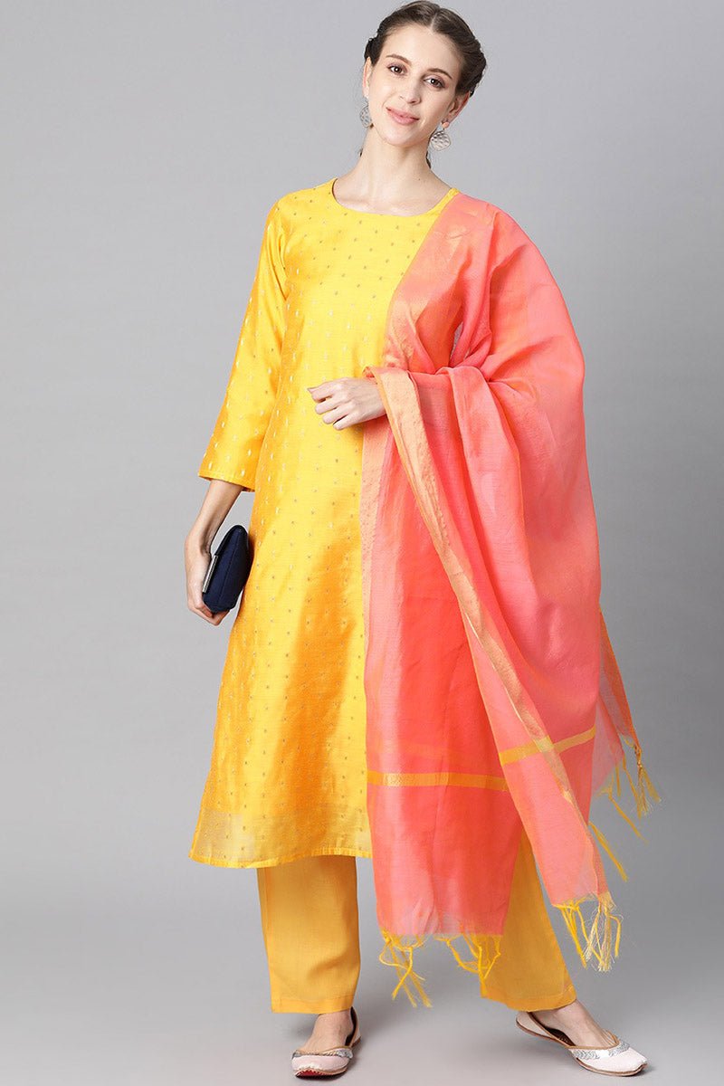 Yellow Polyester Golden Woven Design Straight Suit Set