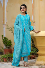 Blue Cotton Straight Suit Set