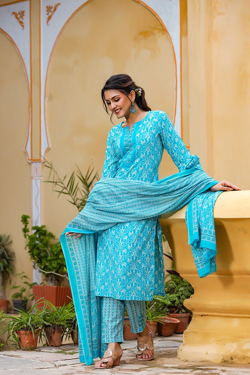 Blue Cotton Straight Suit Set