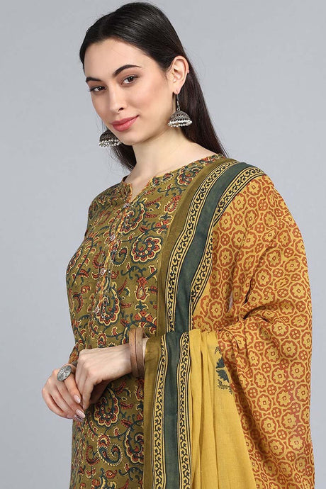 Green Yellow Floral Printed Cotton Kurta With Trousers Dupatta Set