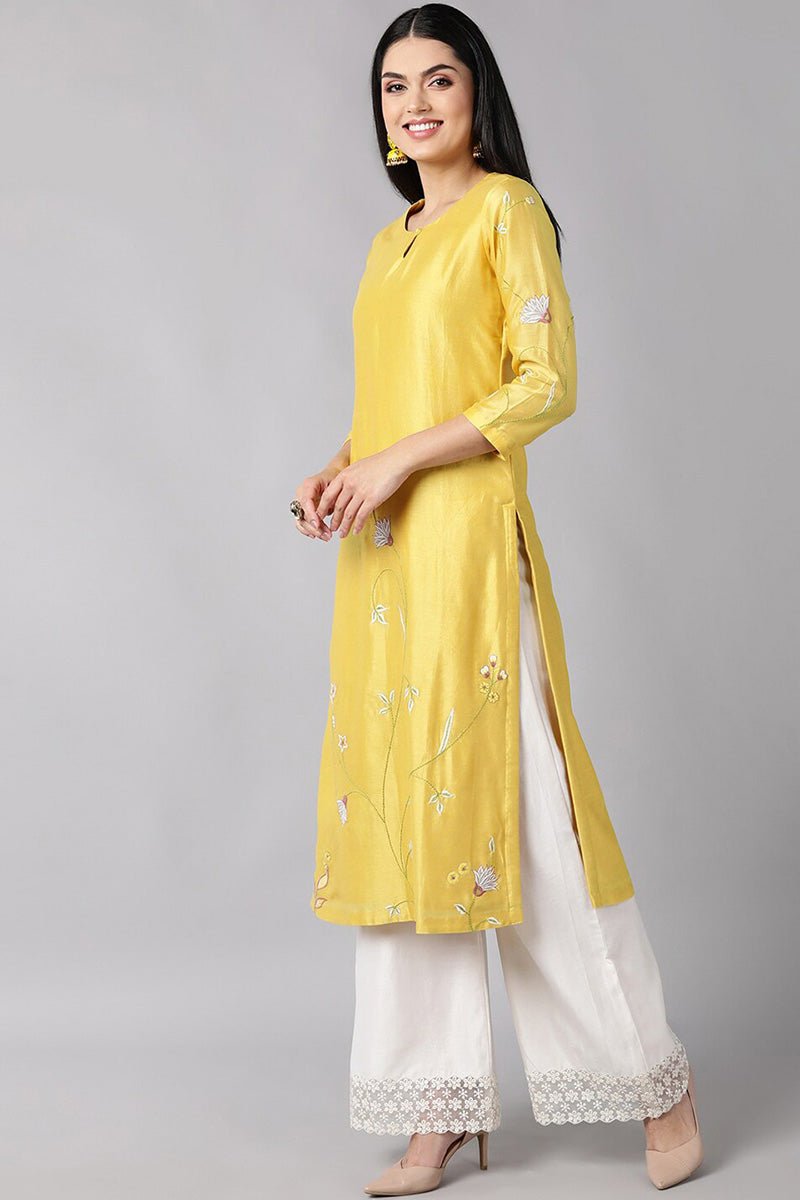 Yellow Ethnic Motifs Embroidered Thread Work Suit Set