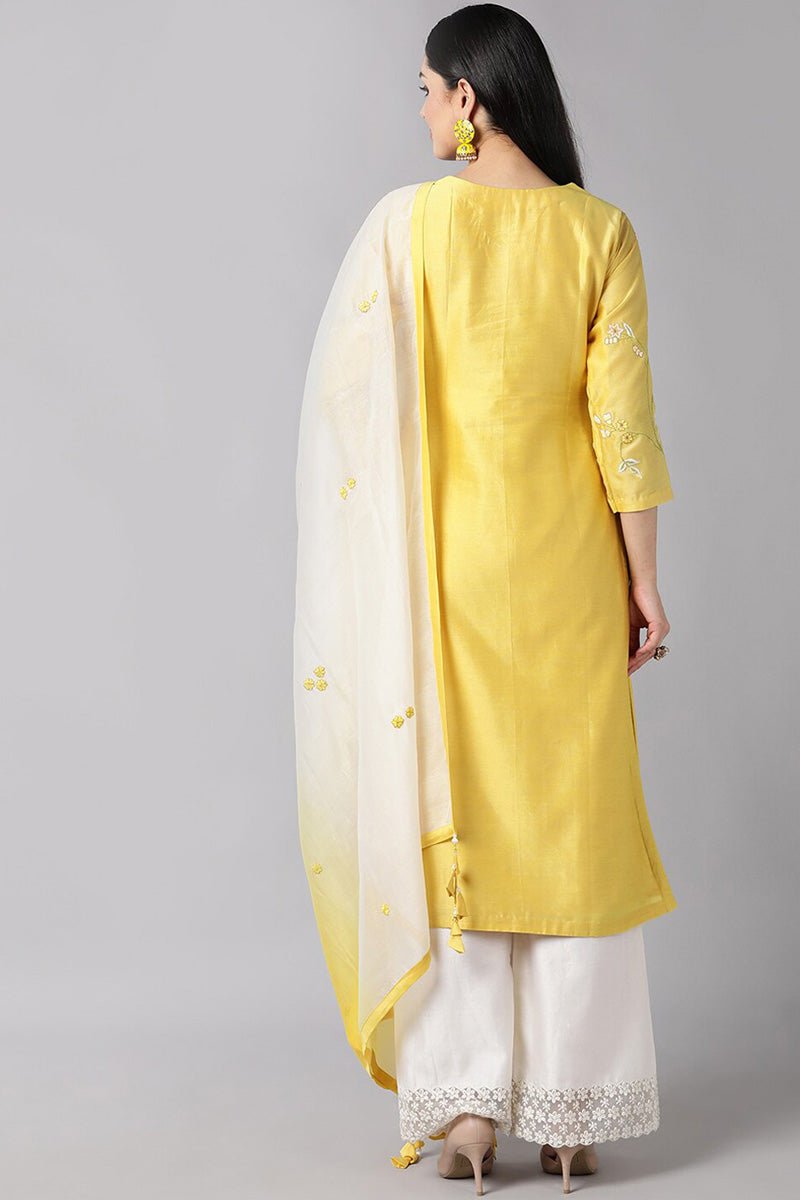 Yellow Ethnic Motifs Embroidered Thread Work Suit Set