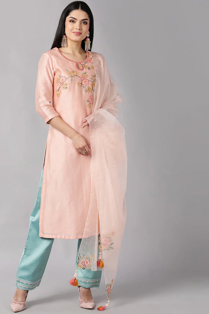 Peach Poly Silk Straight Kurta Pant With Dupatta