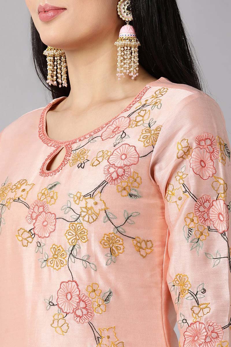 Peach Poly Silk Straight Kurta Pant With Dupatta