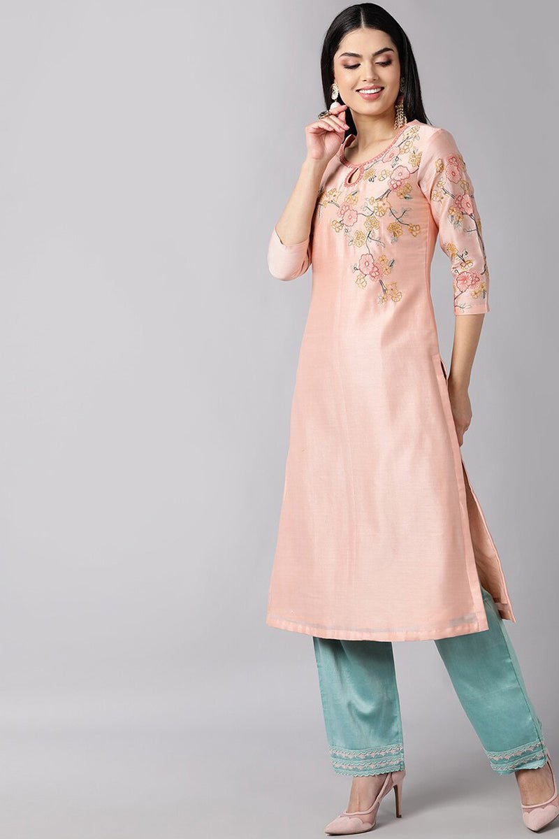 Peach Poly Silk Straight Kurta Pant With Dupatta