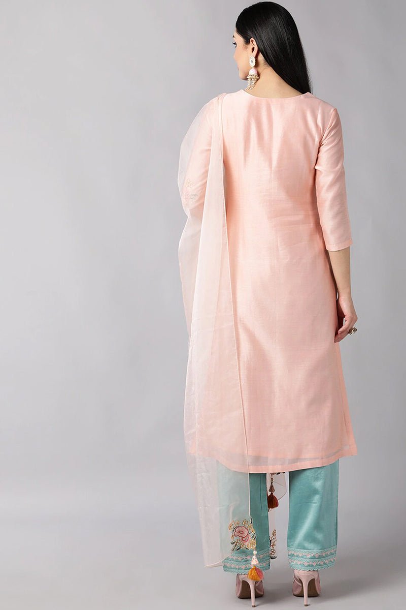 Peach Poly Silk Straight Kurta Pant With Dupatta