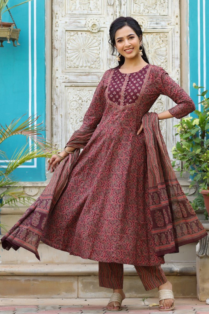 Maroon Rayon Blend Anarkali Kurta Pant With Dupatta