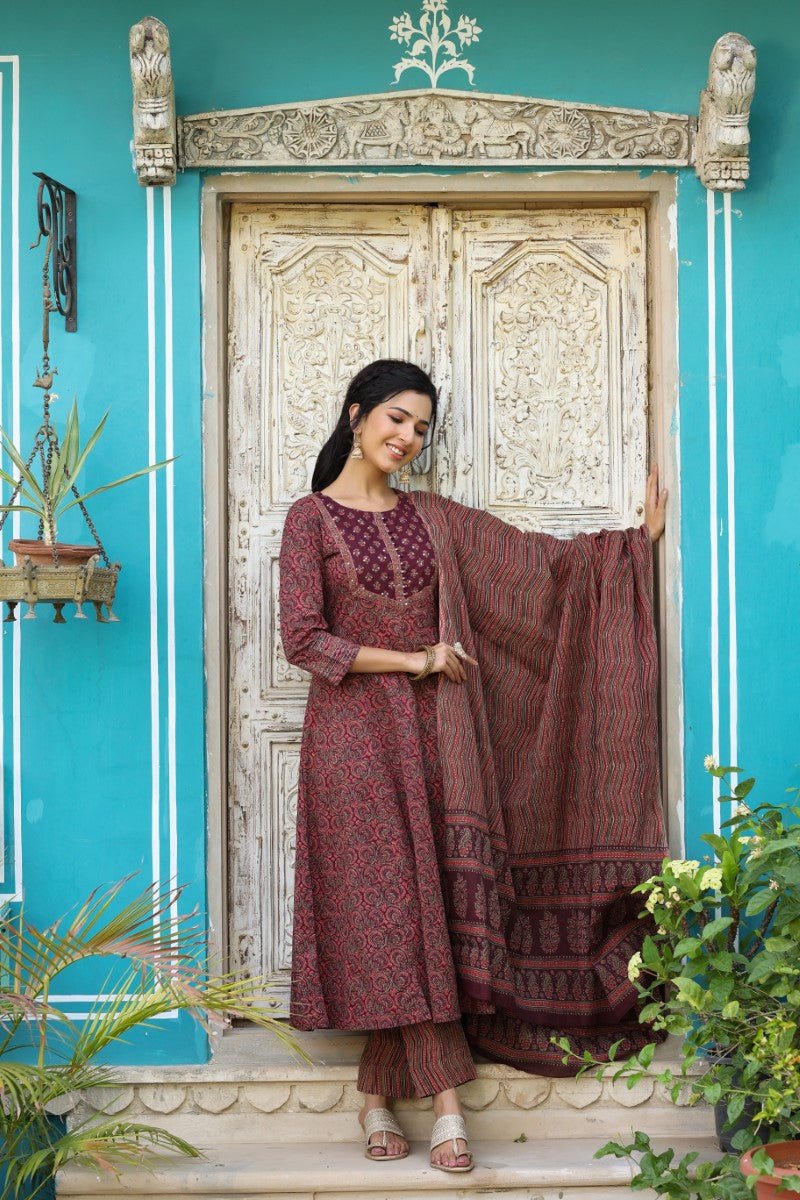 Maroon Rayon Blend Anarkali Kurti Pant With Dupatta