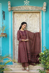 Maroon Rayon Blend Anarkali Kurta Pant With Dupatta