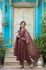 Maroon Rayon Blend Anarkali Kurti Pant With Dupatta