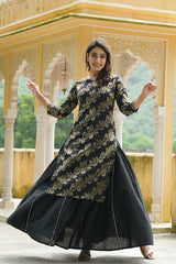 Black Cotton Ethnic Motifs Straight Kurta With Skirt