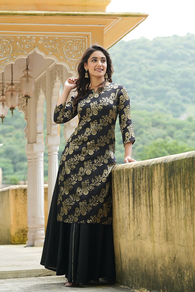 Black Cotton Ethnic Motifs Straight Kurta With Skirt