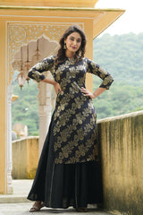 Black Cotton Ethnic Motifs Straight Kurta With Skirt