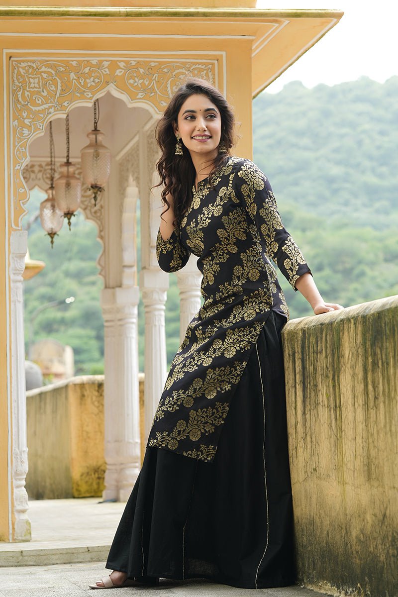 Black Cotton Ethnic Motifs Straight Kurta With Skirt