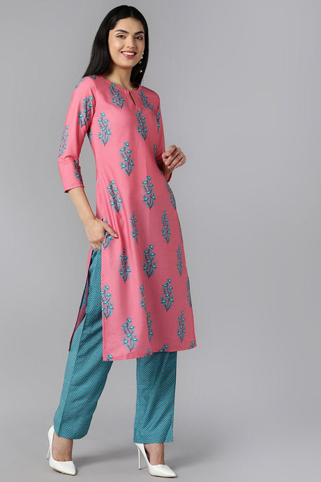 Pink Polyester Ethnic Motifs Straight Suit Set
