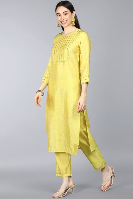 Yellow Poly Chanderi Solid Straight Suit Set