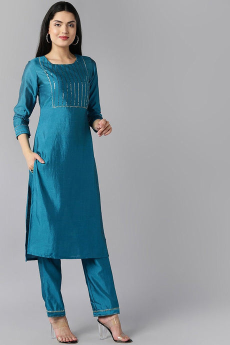 Blue Poly Chanderi Solid Straight Suit Set