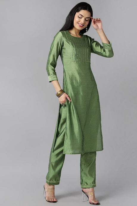 Green Poly Chanderi Solid Straight Suit Set