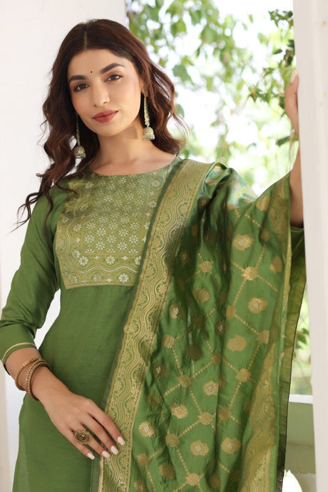 Green Poly Silk Solid Straight Suit Set