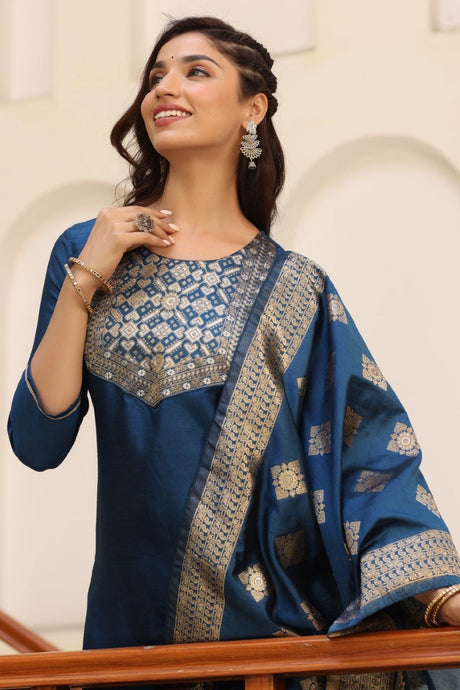 Blue Poly Silk Solid Straight Suit Set