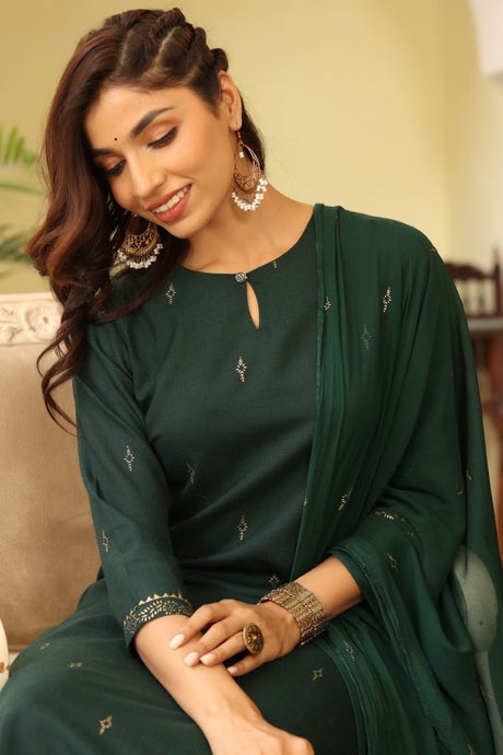 Green Poly Silk Straight Suit Set