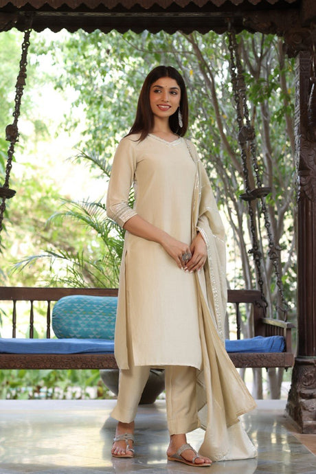 Cream Poly Silk Solid Straight Suit Set