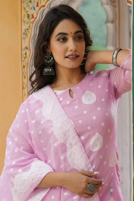 Pink Poly Chanderi Ethnic Motifs Straight Suit Set