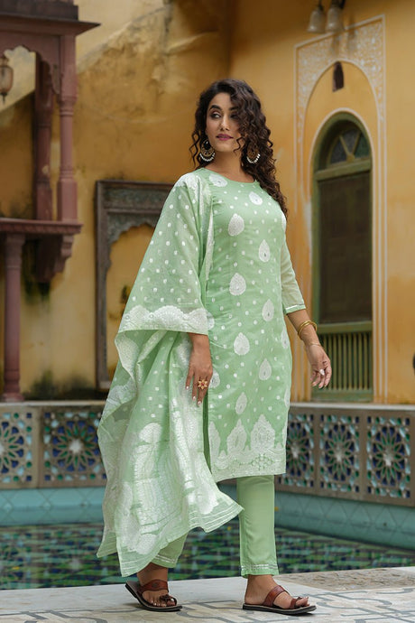 Light Green Poly Chanderi Ethnic Motifs Straight Suit Set