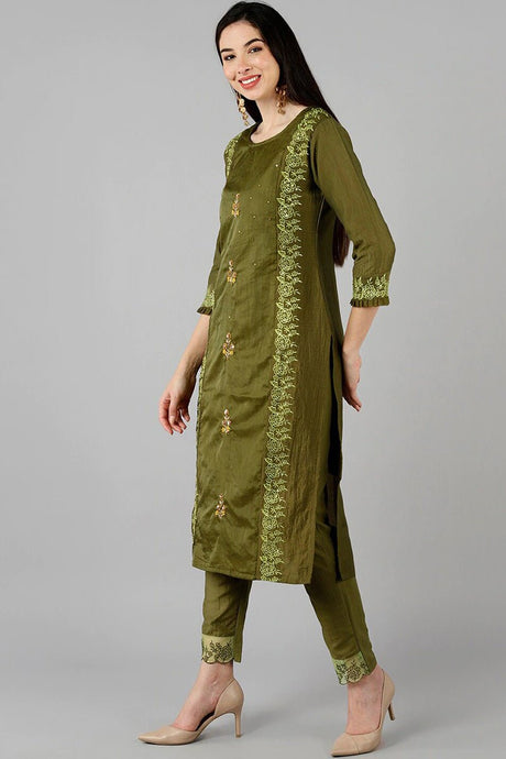 Green Poly Silk Sequin Embroidered Straight Suit Set