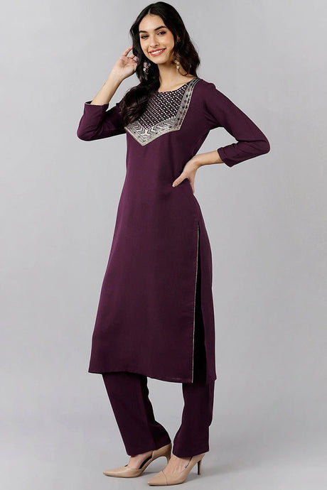 Purple Cotton Blend Solid Straight Suit Set