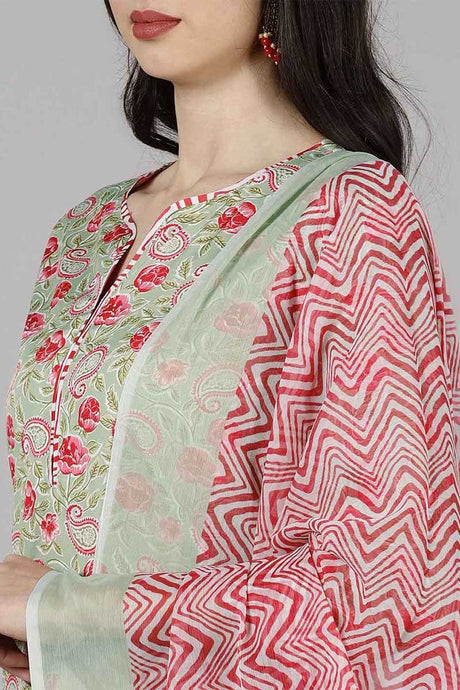 Green Poly Crepe Paisley Print Suit Set