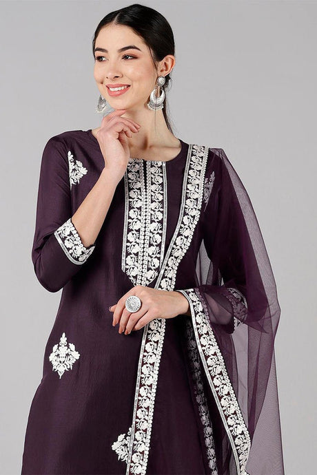 Purple Poly Silk Thread Embroidered Straight Suit Set
